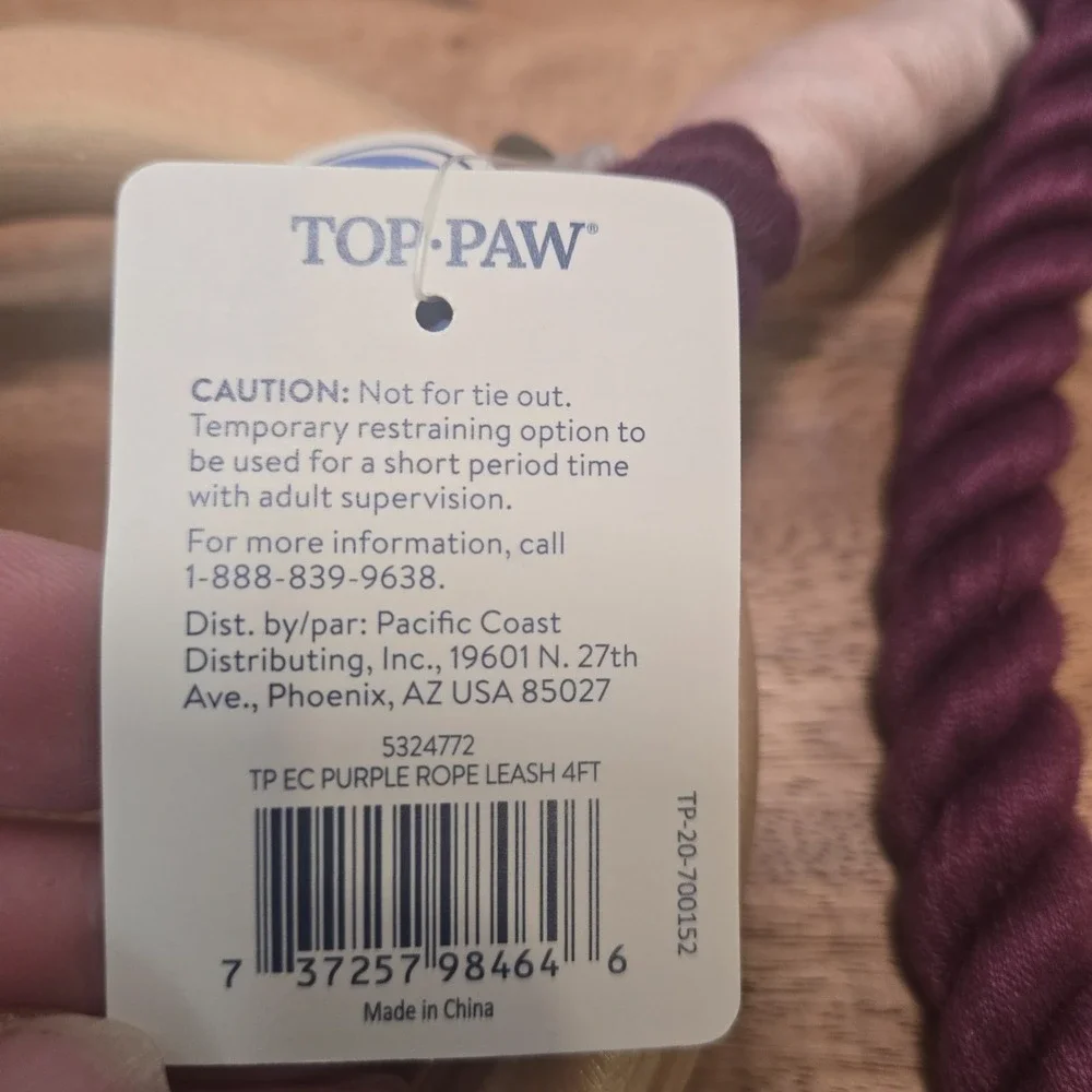 Top Paw Explorer Collection Rope‎ Dog Leash with Wooden Handle 4ft NWT Purple